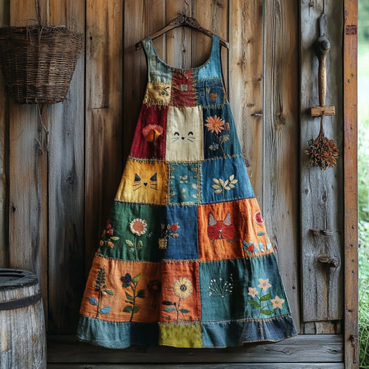 Women's Abstract Creative Cute Cat With Floral Patchwork Art Pattern Linen Round Neck Maxi Dress elevenforest