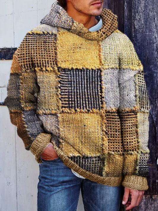 Men's Retro Colorblock Patchwork Stitched Cozy Hooded Sweater artswardrobe