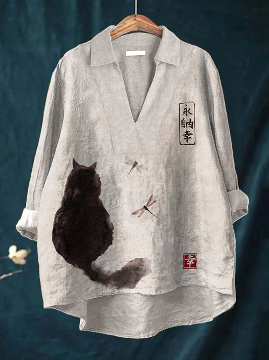 Japanese Art Cat Print Linen Shirt