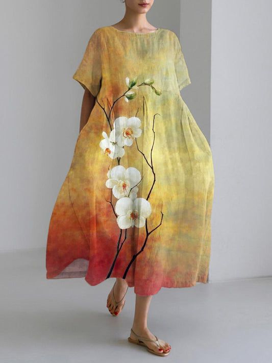 Comstylish Gradient Orchid Japanese Art Linen Blend Maxi Dress