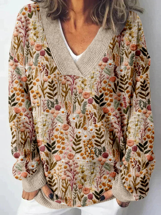 Wildflower Meadow Floral Embroidered Cozy Knit Sweater artswardrobe