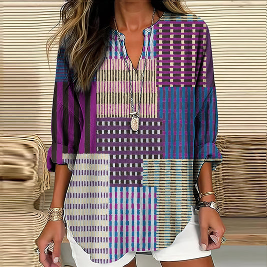 Comstylish Vintage Geometric Abstract Art Women's Linen V-neck Long Sleeve Shirt