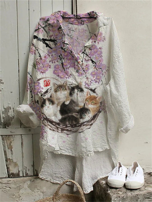 Cats under Floral Tree Japanese Art High Low Tunic elevenforest