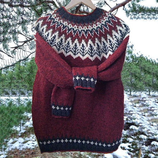 Unisex Vintage Icelandic Rose Red Knit Jacquard Warmth Crew Neck Sweater elevenforest