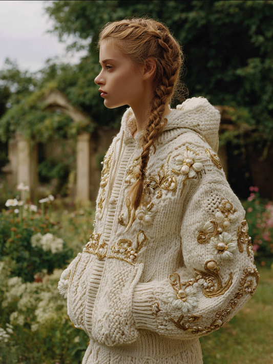 Women's Bohemian Style Plant Flower Pattern Embroidered Hooded Sweater Jacket elevenforest