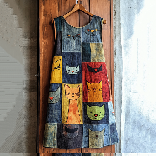 Pop Art Cat Patchwork Denim Midi Dress elevenforest