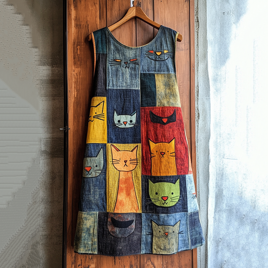 Comstylish Pop Art Cat Patchwork Denim Midi Dress