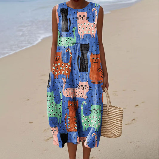 Women's Vintage Abstract Kitten Art Print Sleeveless Wrap Dress artswardrobe