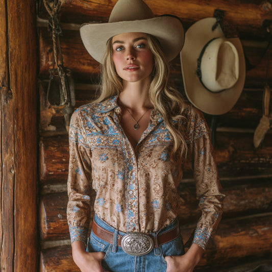 Comstylish Women's Vintage Western Floral Design Cotton And Linen Blend Shirt
