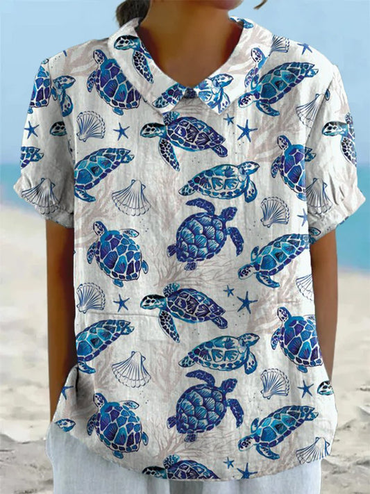 Women's Fresh Blue Ink Turtle Print Casual Cotton And Linen Shirt