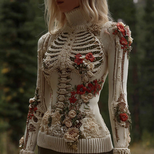 Vintage Skull Floral Embroidery Art Jacquard Knit Turtleneck Sweater artswardrobe