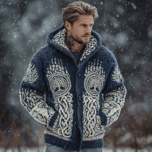 Men's Viking Celtic Knot Tree Of Life And Bear Paw Art Knit Button Hooded Sweater elevenforest