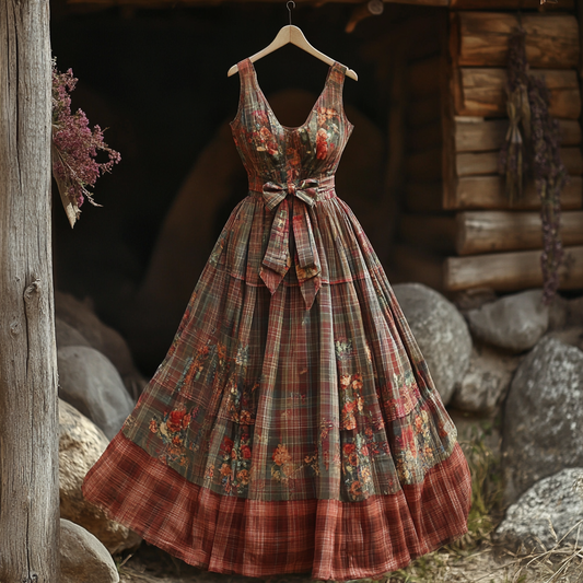 Women's Retro Floral Plaid Stitching Design Cotton And Linen Sleeveless Dress artswardrobe