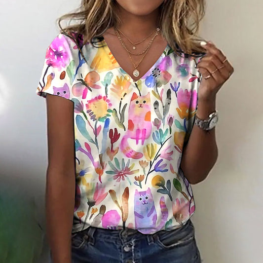 Women's Colorful Floral And Cat Art T-shirt artswardrobe