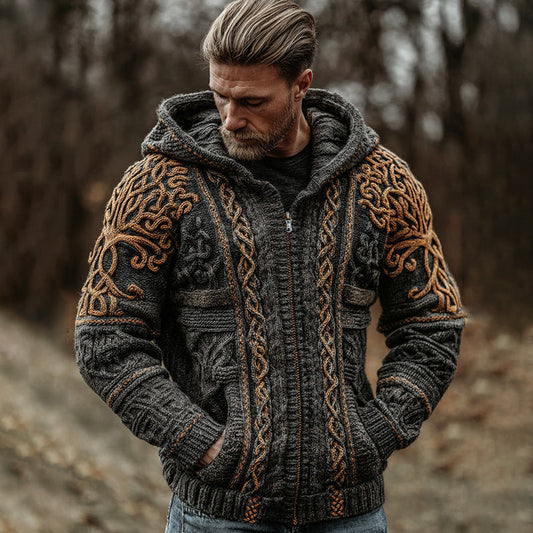 Men's Vintage Viking Celtic Knot Knit Zipper Aran Sweater Hooded Cardigan elevenforest