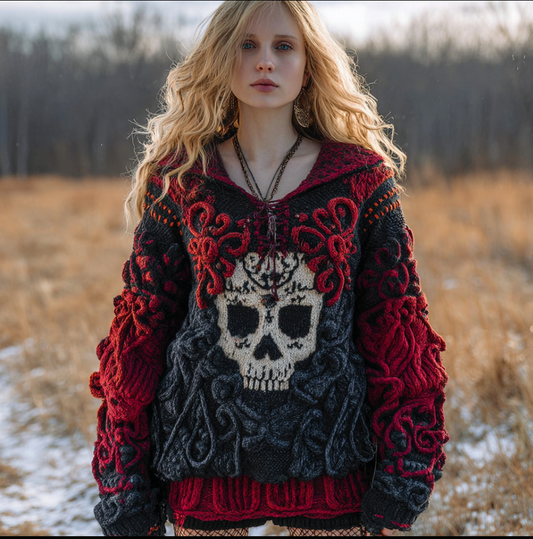 A Woman's Hooded Sweater In Red And Black With Halloween Rose And Skull Elements artswardrobe