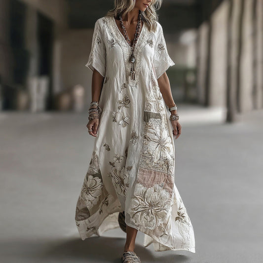 Women's Vintage Floral Embroidery Art Linen Blend V Neck Maxi Dress artswardrobe