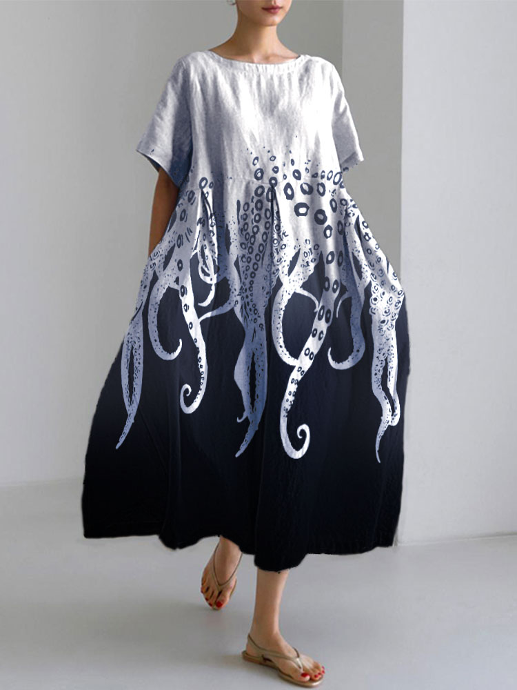 Comstylish Ocean Octopus Japanese Art Linen Blend Casual Dress