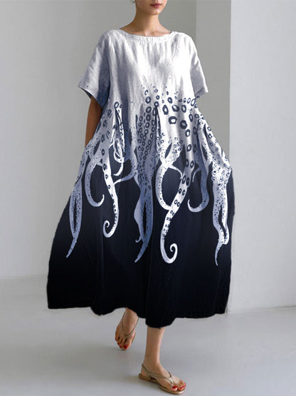 Comstylish Ocean Octopus Japanese Art Linen Blend Casual Dress