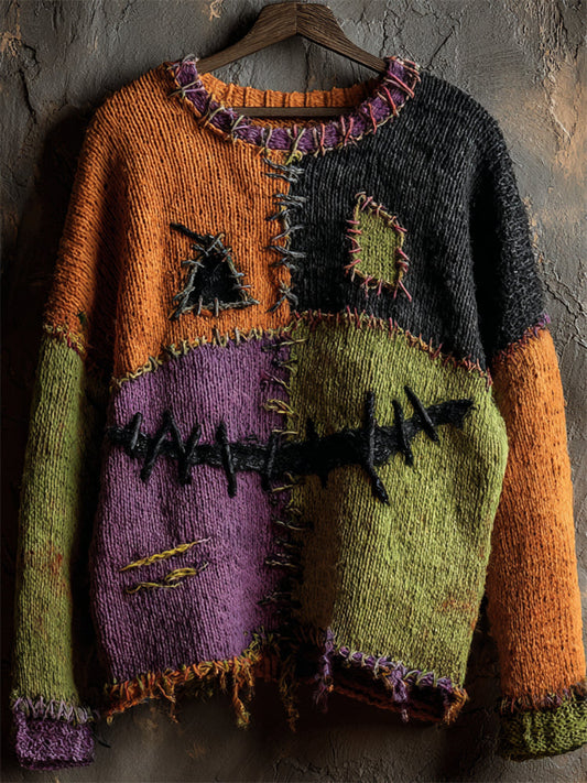 Halloween Spooky Face Colorblock Stitched Cozy Knit Sweater elevenforest