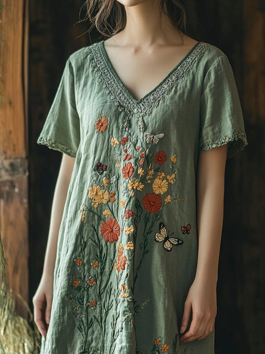 Boho Floral Embroidery Women's Linen Dress artswardrobe