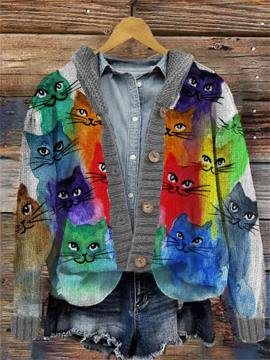 Colorful Cute Cats Embroidered Hooded Cardigan artswardrobe