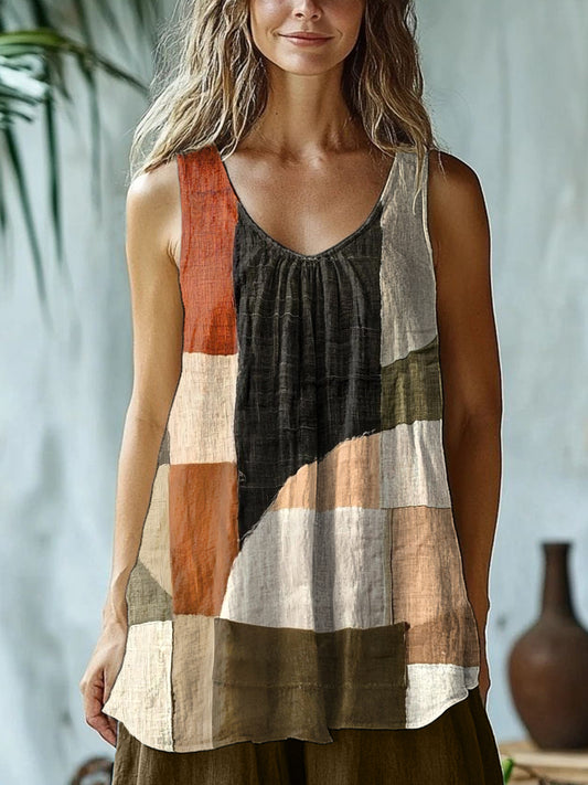 Geometric Pattern Patchwork Linen Blend Tank Top artswardrobe