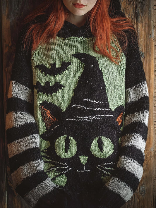Comstylish Halloween Witch Black Cat Striped Hooded Sweater