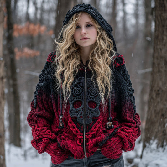 Women's Skull Celtic Art Zipper Knitted Hooded Cardigan artswardrobe