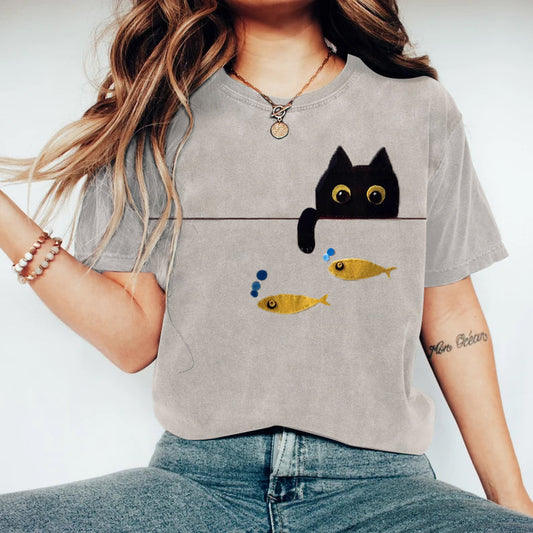 Lovely Black Cat Applique Art Crewneck Cozy T Shirt elevenforest