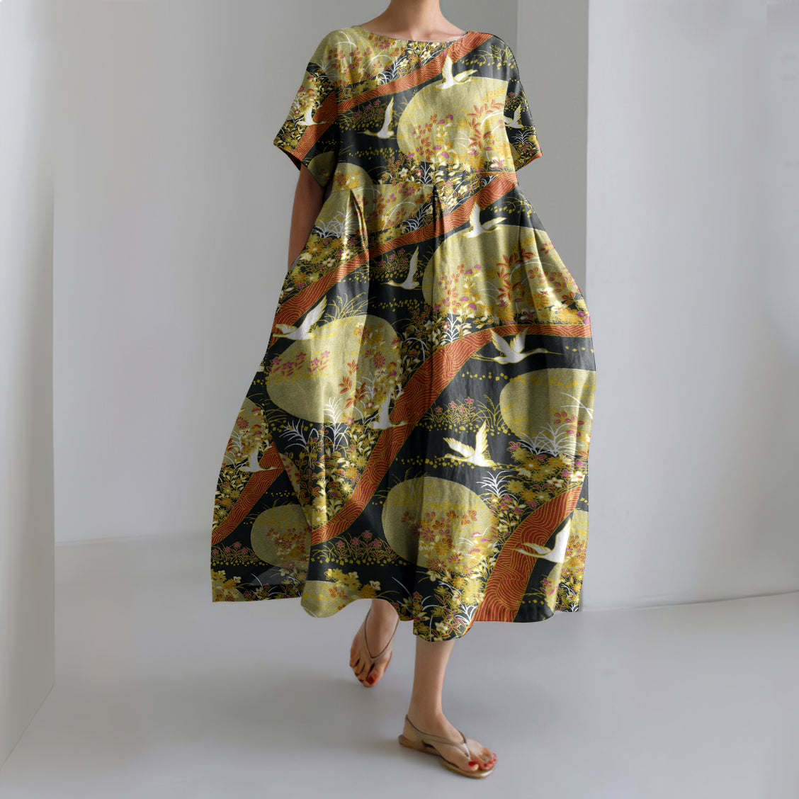 Comstylish Japanese Art Chiyogami Painting Print Linen Blend Dress