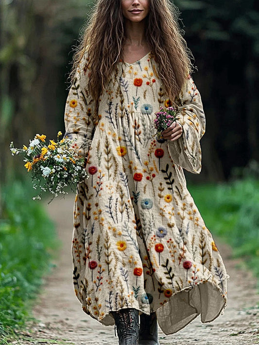 Vintage Boho Flowers Embroidered Linen Blend Maxi Dress artswardrobe