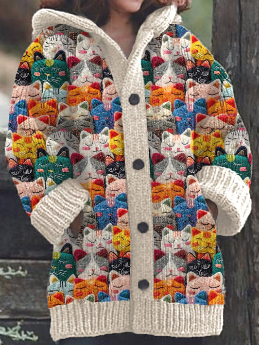 Cute Cats Felt Art Cozy Knit Hooded Cardigan elevenforest