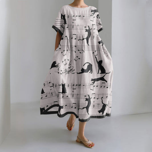 Abstract Cute Cat On Sheet Music Print Loose Midi Dress elevenforest