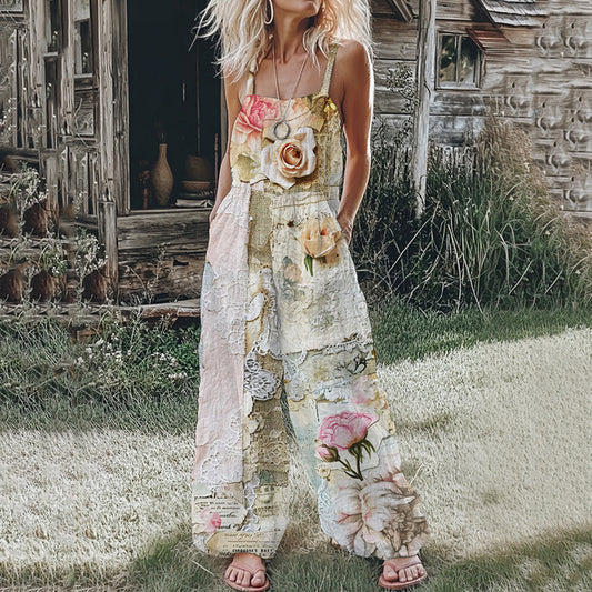 Women's Rose Patchwork Lace Linen Print Cotton Linen Jumpsuit artswardrobe