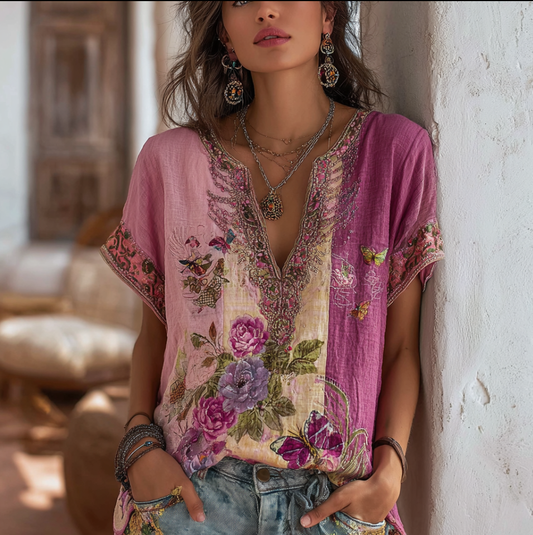 Comstylish Bohemian Style V-neck Butterfly And Flower Embroidery Cotton And Linen Short Sleeve 1