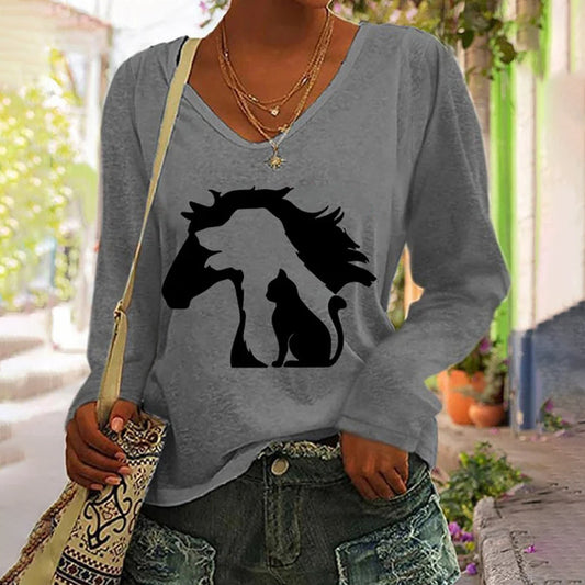 Funny Horse Dog Cat Print Long Sleeve T-Shirt elevenforest