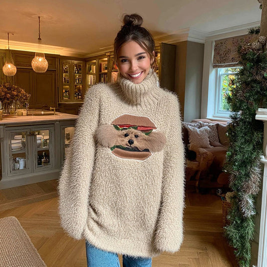 Fuzzy Funny Hamburger Puppy Appliqu�� Cozy Knit Turtleneck Sweater artswardrobe