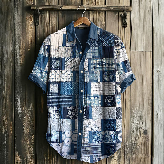 Men's Retro Geometry Patchwork Art Linen Casual Shirt artswardrobe