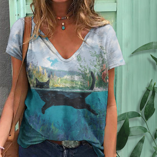 Comstylish Women's Black Cat In Landscape Painting Print V-neck T-shirt