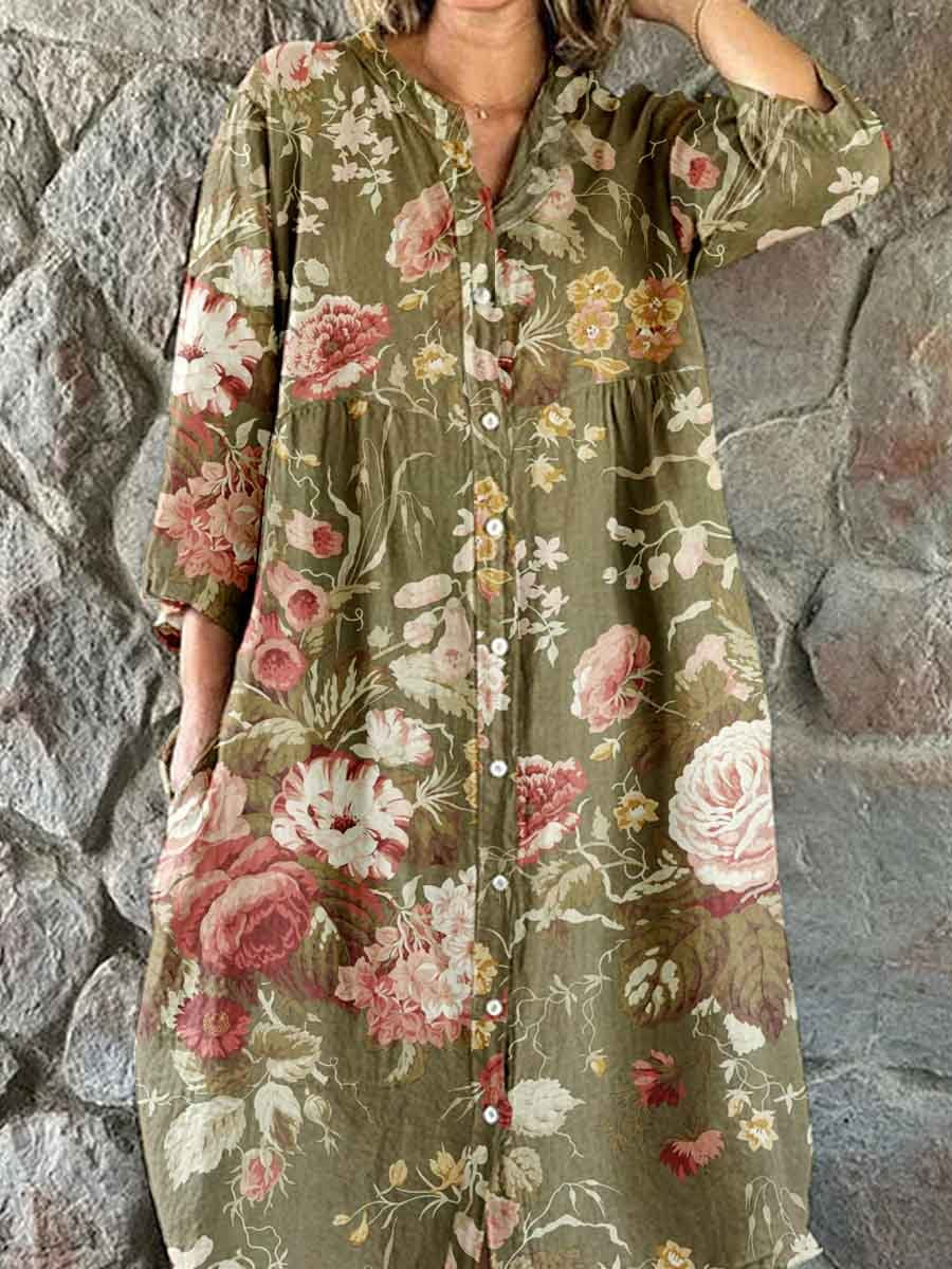 Women's Elegant Vintage Floral Print Shirt Style Cotton and Linen Dres