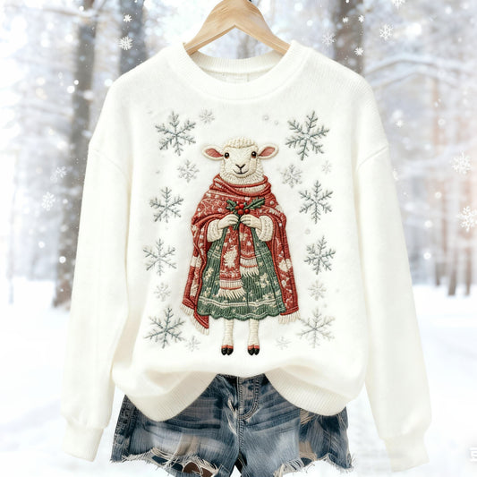 Comstylish Women's Christmas Sheep Embroidered Fleece Sweatshirt