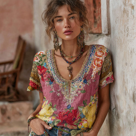 Women's Vintage Bohemian Floral Embroidery Patchwork Art Round Neck Short Sleeve Linen Blend T-shirt artswardrobe