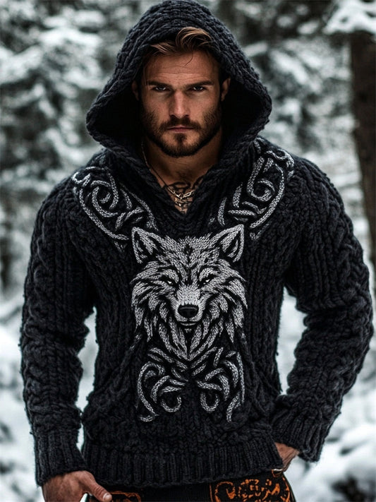 Men's Viking Wolf Celtic Chunky Hooded Sweater elevenforest