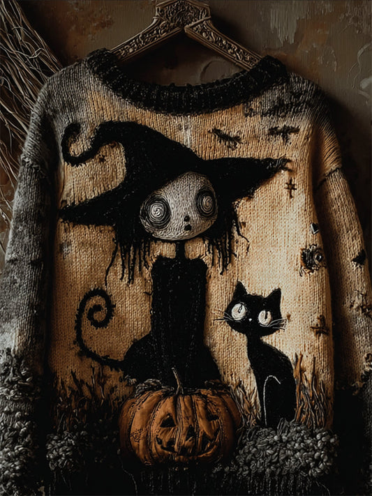 Halloween Gothic Witch Girl & Cat Cozy Knit Sweater elevenforest