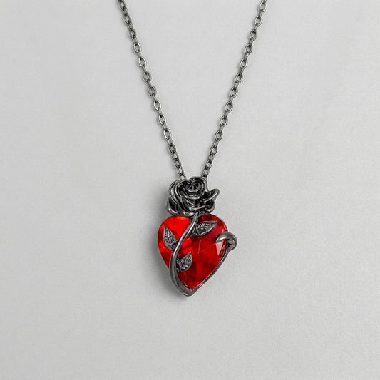Red Crystal Heart Rose Necklace