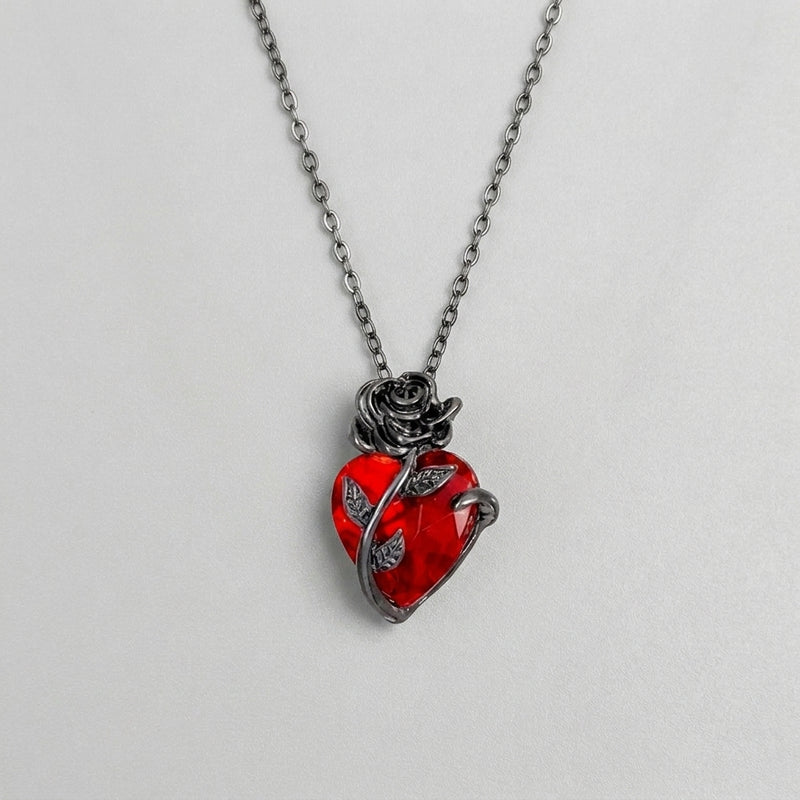 Red Crystal Heart Rose Necklace