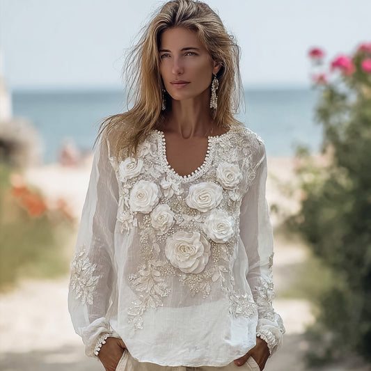Comstylish Ladies' French-style Romantic Flower Sequin White V-neck Casual Vintage Long-sleeved Top