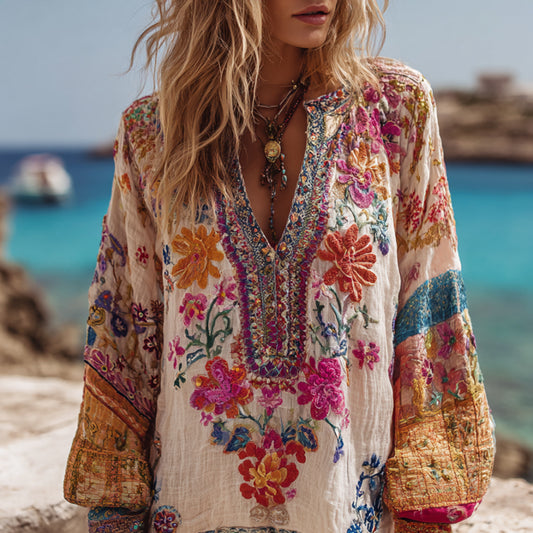 Comstylish Bohemian Style Embroidered Flower Vacation Long-sleeved V-neck Worn-out Long-sleeved Top