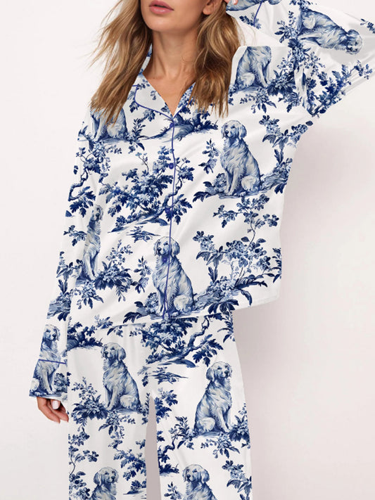 Women's Casual Golden Retriever Silky Satin Pajama Set artswardrobe
